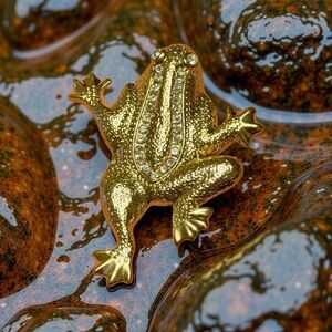 Vintage Large Jumping Gold Toned Textured Bumps with Rhinestones Frog Brooch